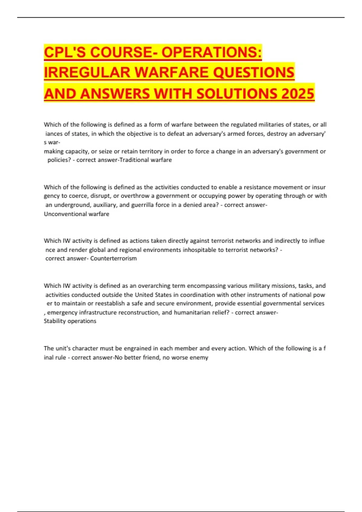 CPL-S COURSE- OPERATIONS- IRREGULAR WARFARE QUESTIONS AND ANSWERS WITH ...