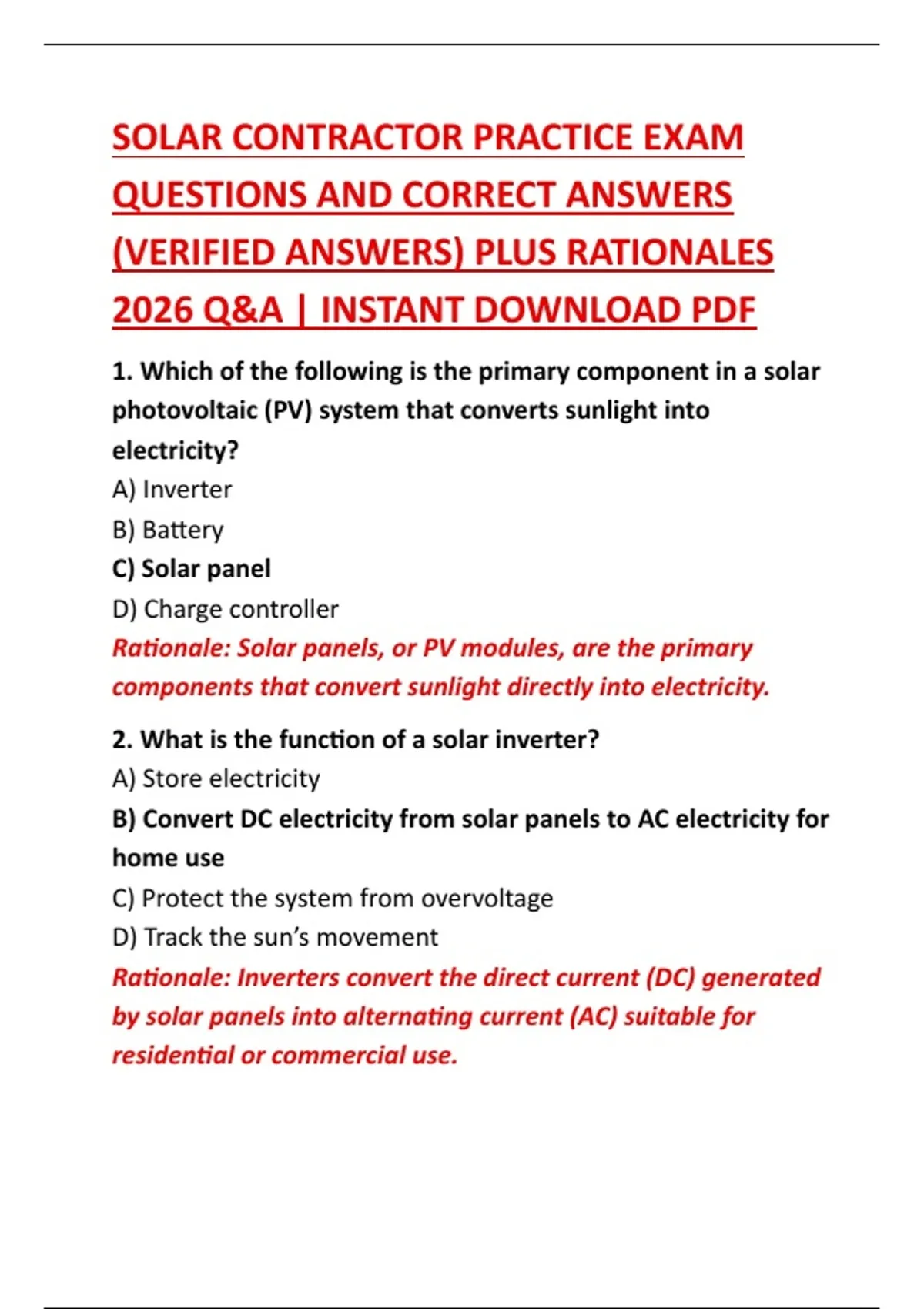 SOLAR CONTRACTOR PRACTICE EXAM QUESTIONS AND CORRECT ANSWERS (VERIFIED ...