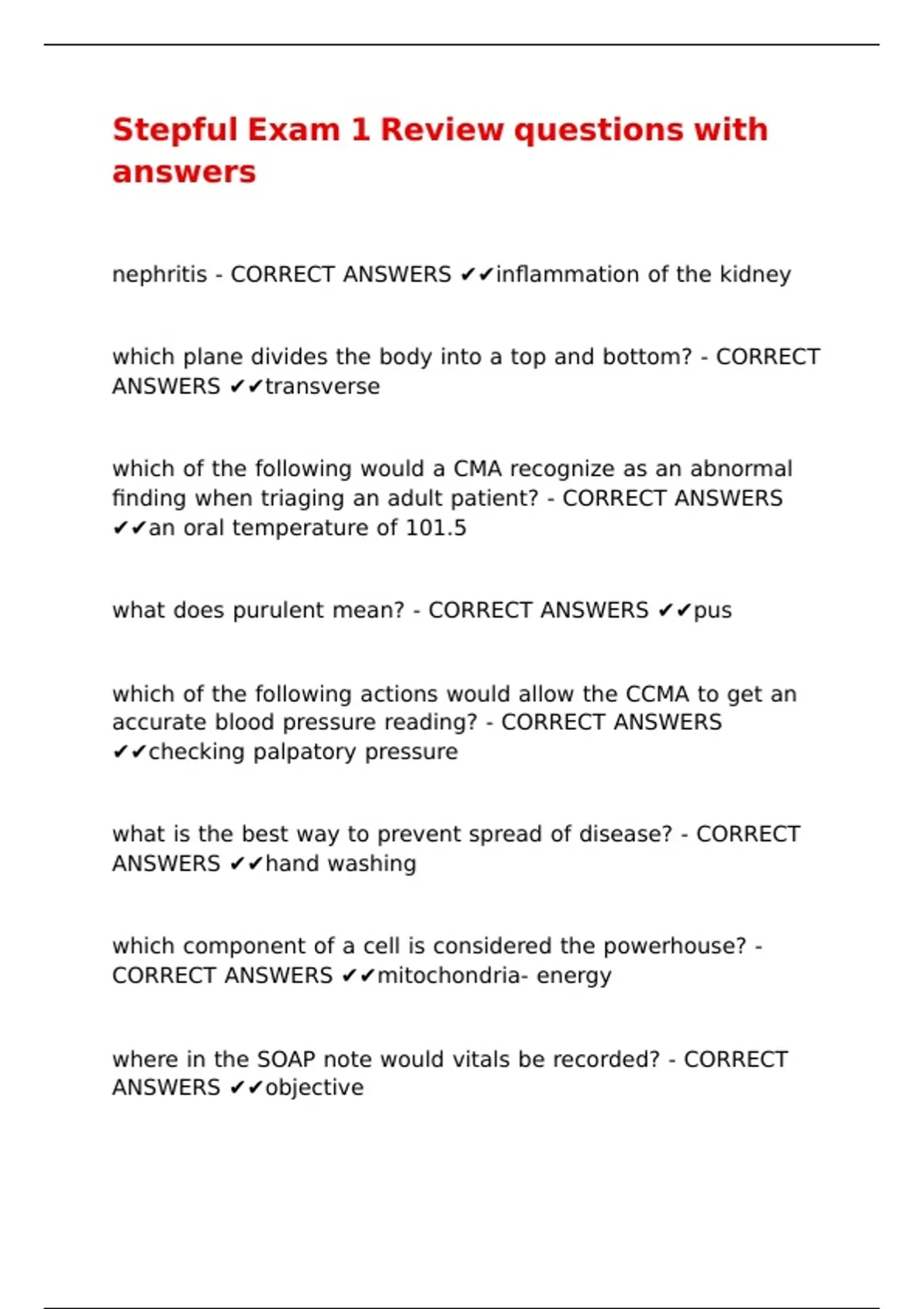 Step Exam Example Questions Stepful Exam 1 Review questions with answers - Stepful CCMA - Stuvia US