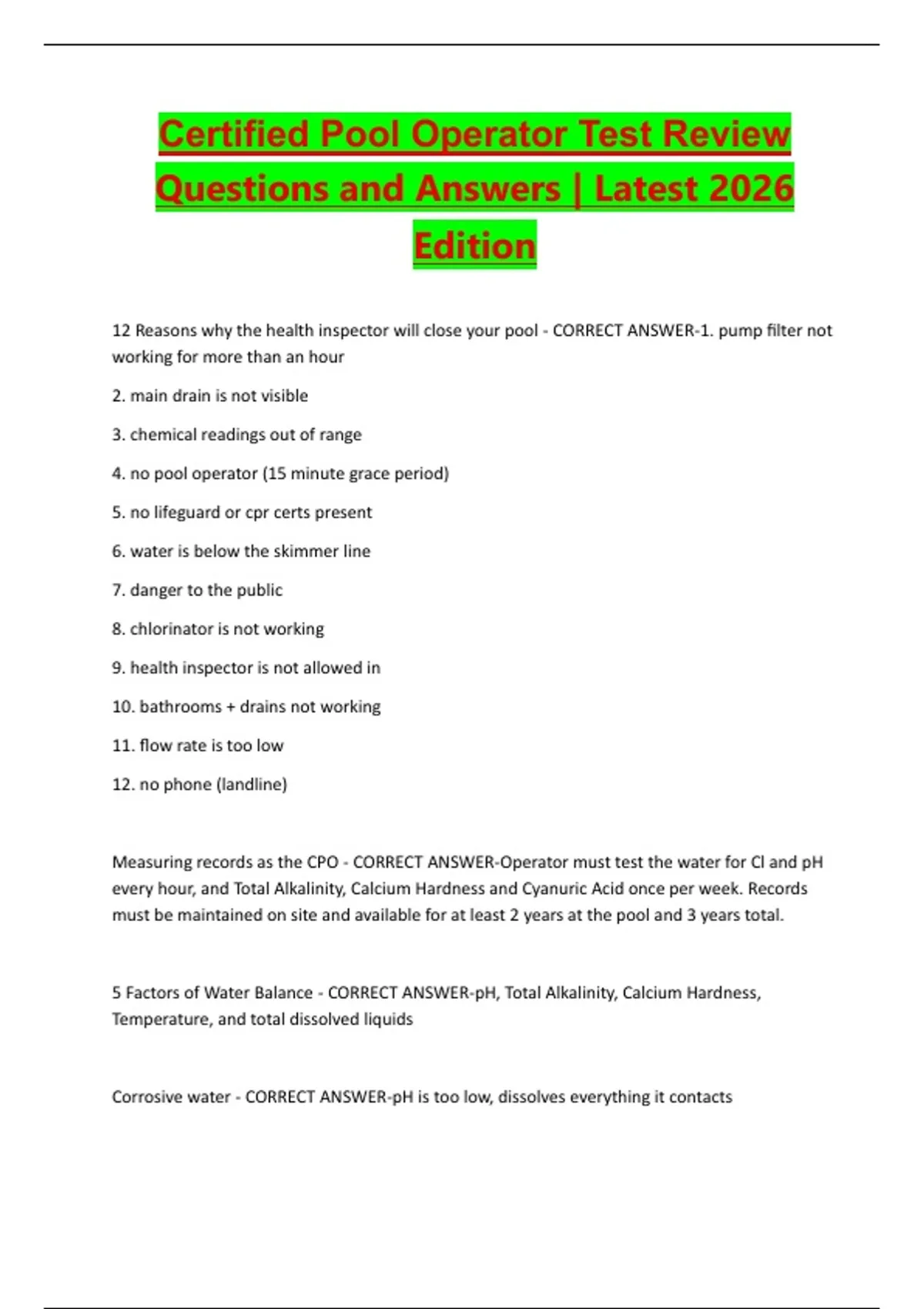 Certified Pool Operator Test Review Questions and Answers Latest 2026 ...