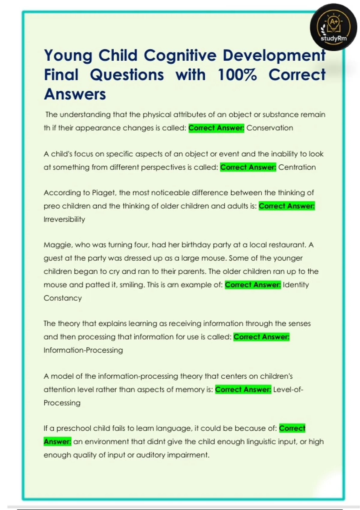 Young Child Cognitive Development Final Questions with 100% Correct ...