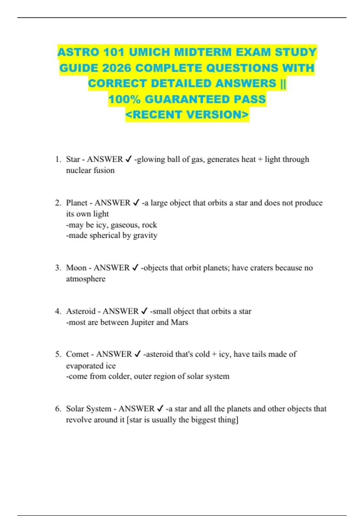 ASTRO 101 UMICH MIDTERM EXAM STUDY GUIDE 2026 COMPLETE QUESTIONS WITH ...