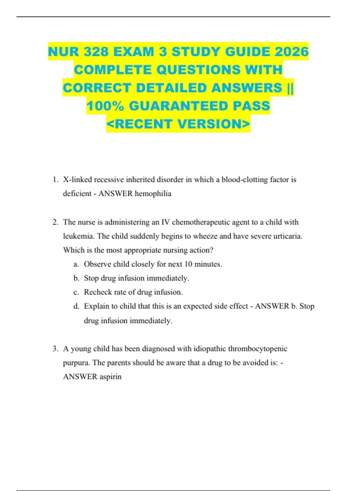 NUR 328 EXAM 3 STUDY GUIDE 2026 COMPLETE QUESTIONS WITH CORRECT ...