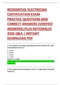 RESIDENTIAL ELECTRICIAN  CERTIFICATION EXAM   PRACTICE QUESTIONS AND  CORRECT ANSWERS &lpar;VERIFIED  ANSWERS&rpar; PLUS RATIONALES  2026 Q&A &vert; INSTANT  DOWNLOAD PDF