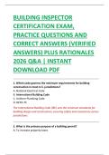 BUILDING INSPECTOR  CERTIFICATION EXAM&comma;  PRACTICE QUESTIONS AND  CORRECT ANSWERS &lpar;VERIFIED  ANSWERS&rpar; PLUS RATIONALES  2026 Q&A &vert; INSTANT  DOWNLOAD PDF