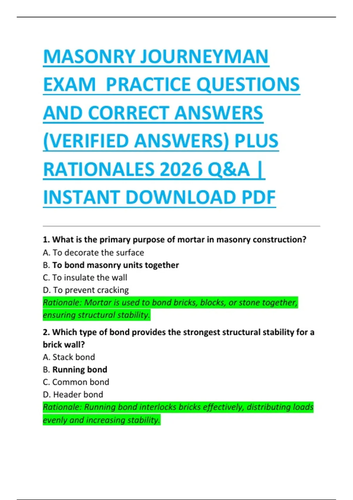 Masonry Practice Problem MASONRY JOURNEYMAN EXAM PRACTICE QUESTIONS AND CORRECT ANSWERS ...