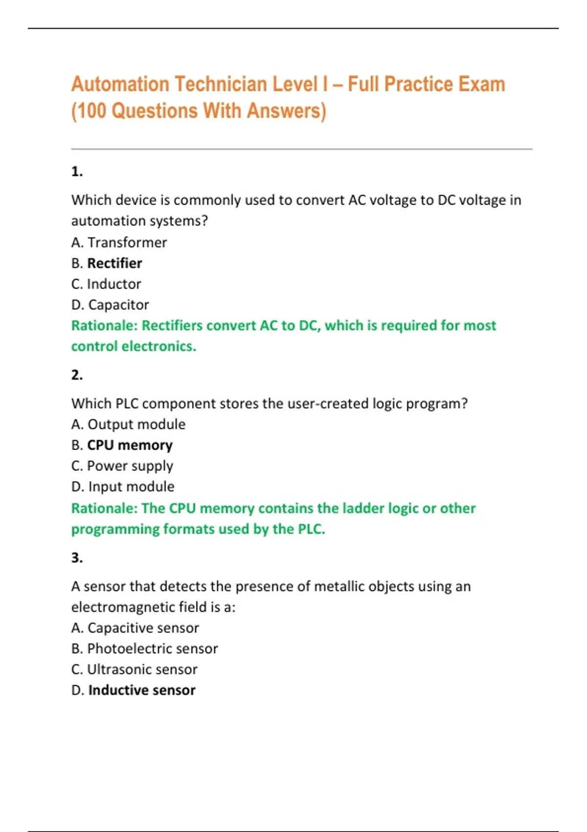 Automation Technician Level I – Full Practice Exam (100 Questions With ...