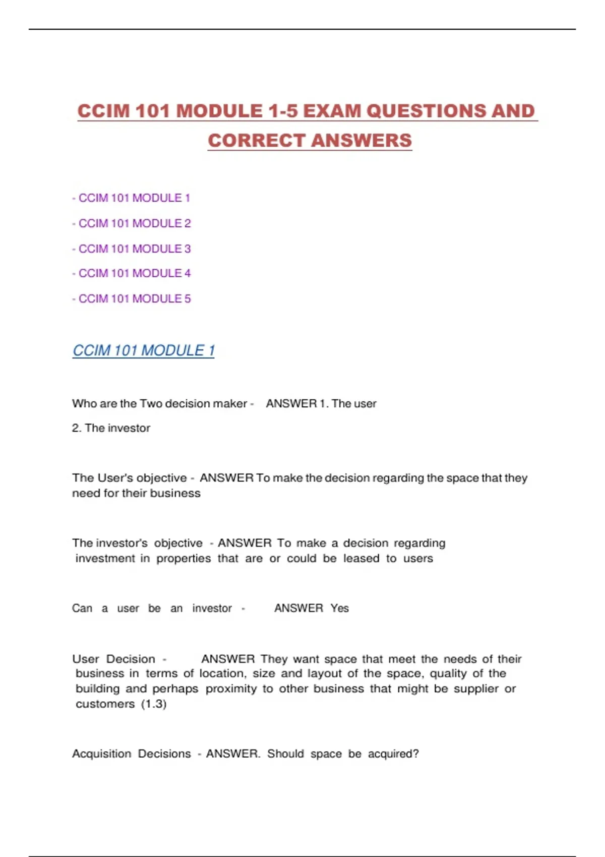 CCIM 101 Modules 1–5 Exam 2025/2026 – Verified Questions with Correct ...
