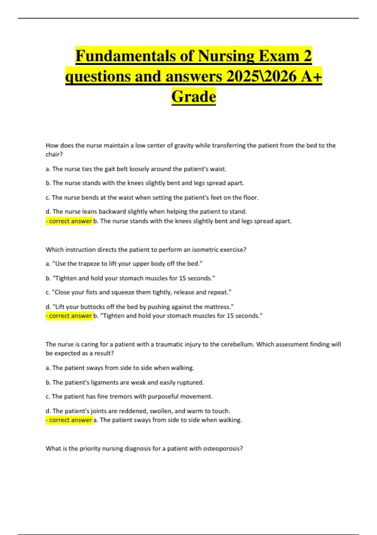 Fundamentals of Nursing Exam 2 | Verified Questions & Correct Answers ...