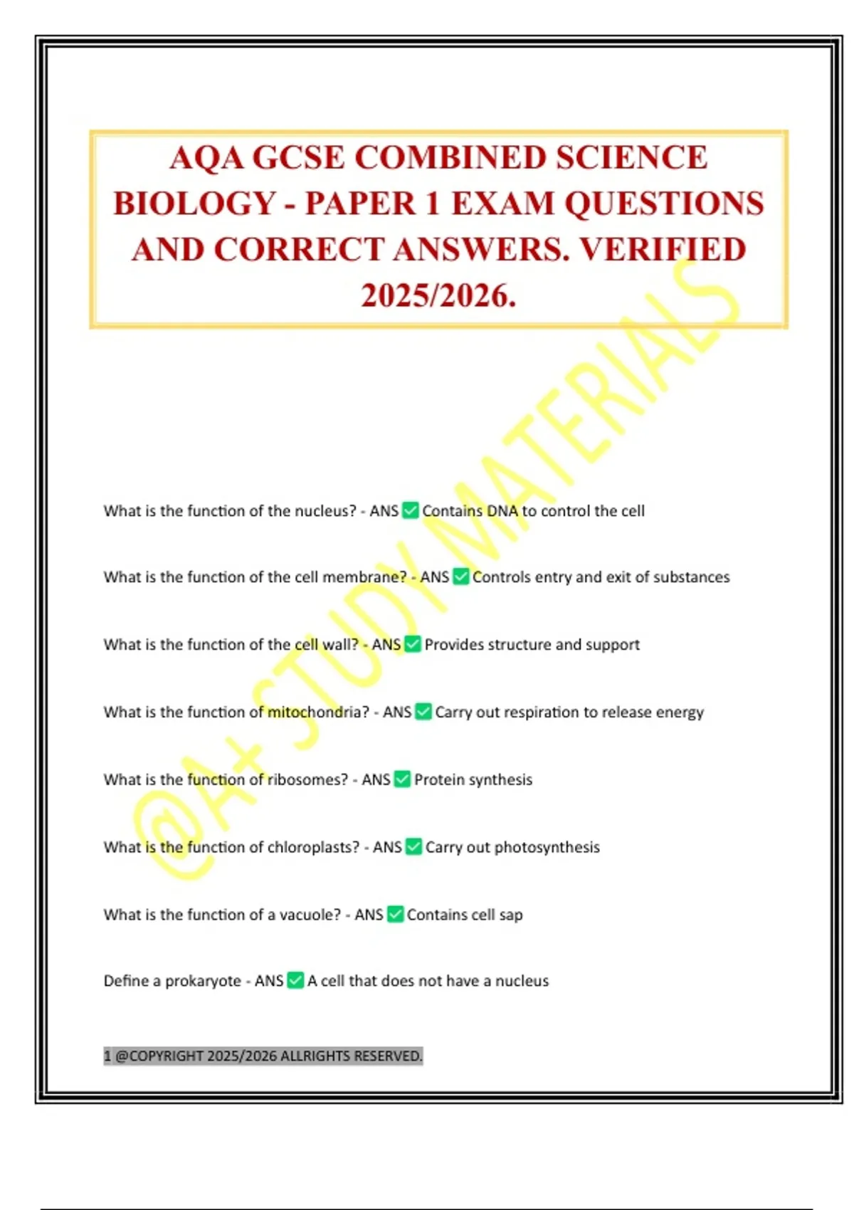 AQA GCSE COMBINED SCIENCE BIOLOGY - PAPER 1 EXAM QUESTIONS AND CORRECT ...