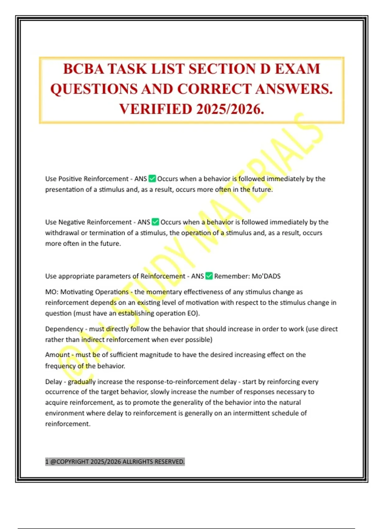 BCBA TASK LIST SECTION D EXAM QUESTIONS AND CORRECT ANSWERS. VERIFIED ...