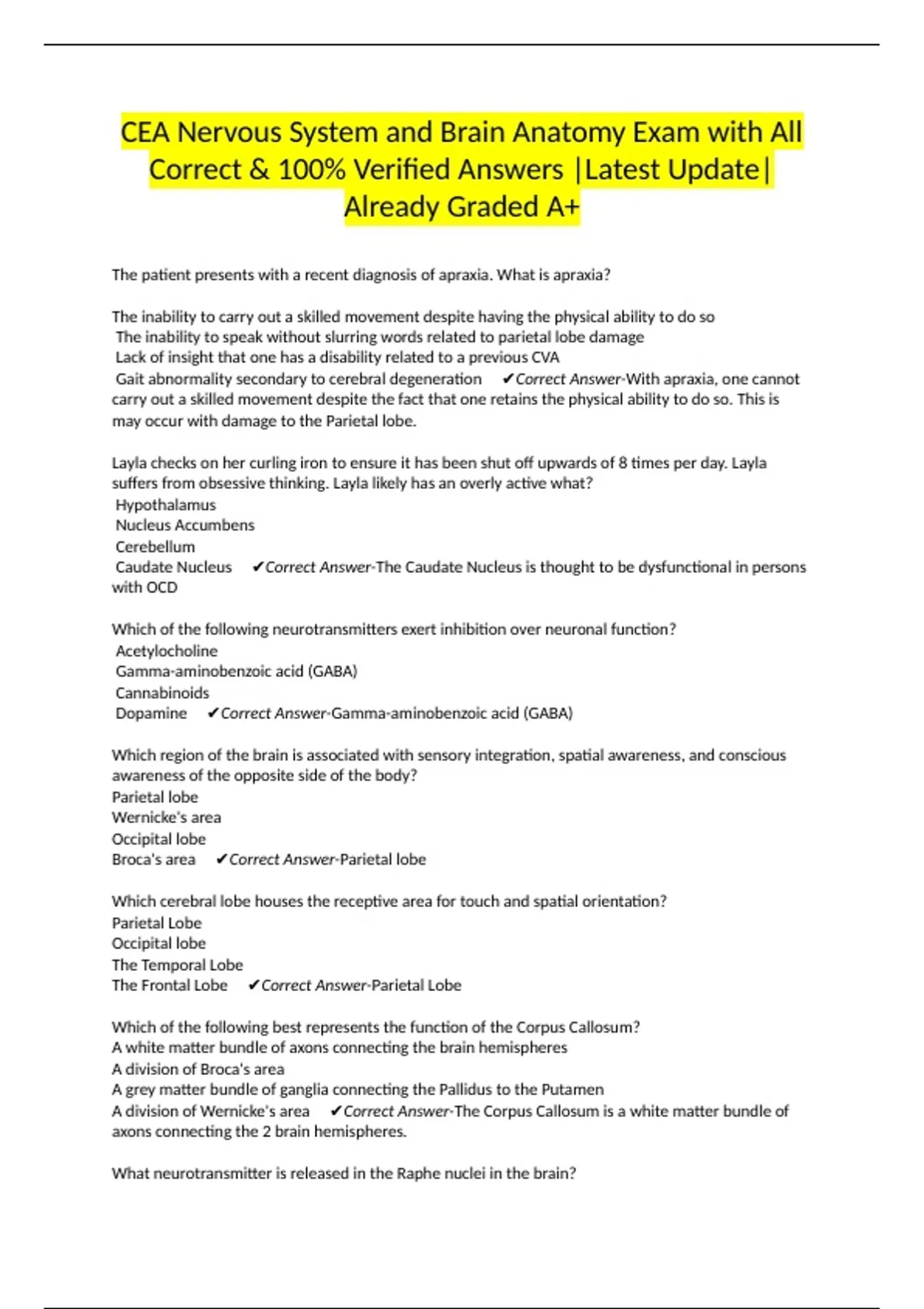 CEA Nervous System and Brain Anatomy Exam with All Correct & 100% ...