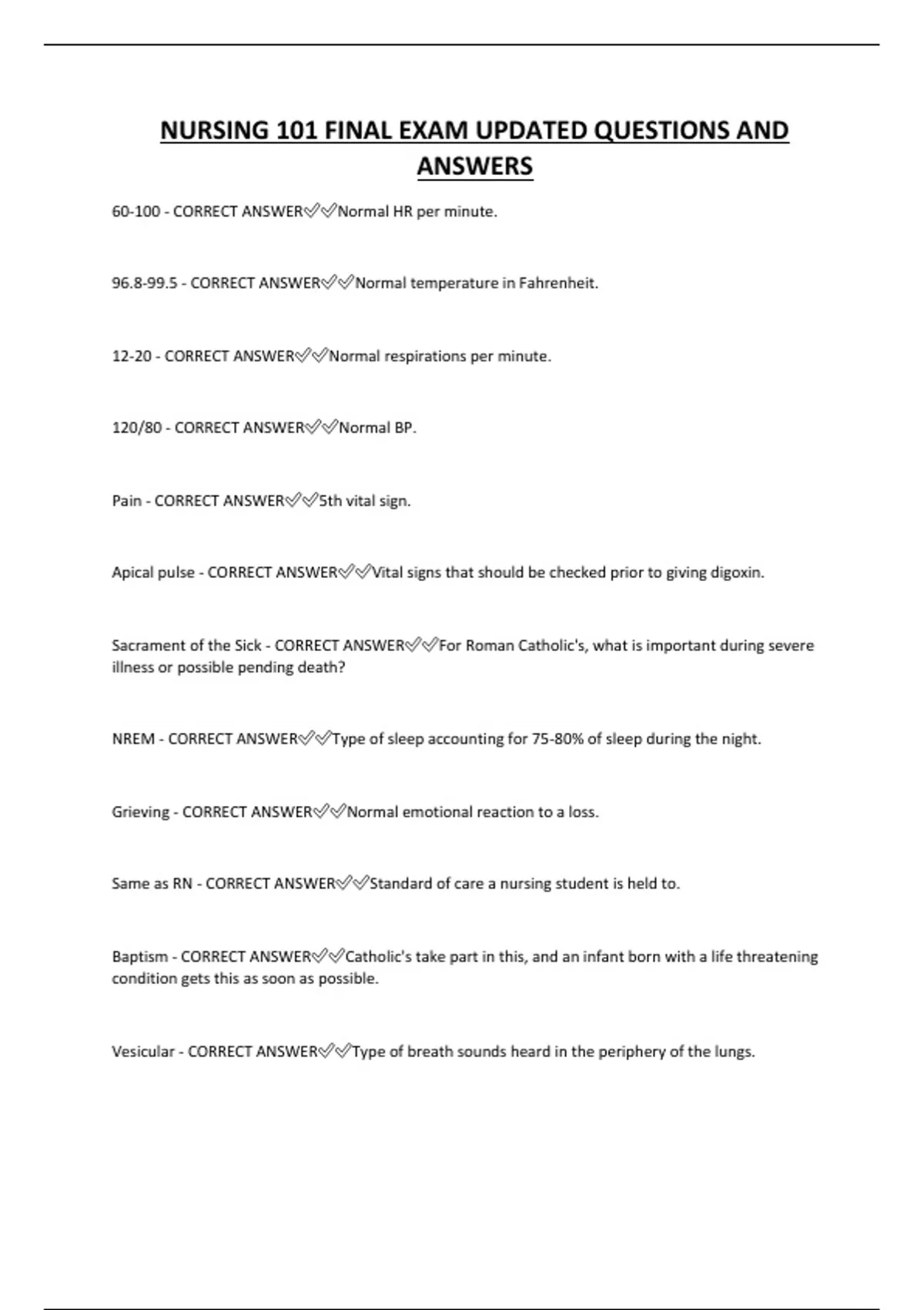 NURSING 101 FINAL EXAM UPDATED QUESTIONS AND ANSWERS - NURSING 101 ...