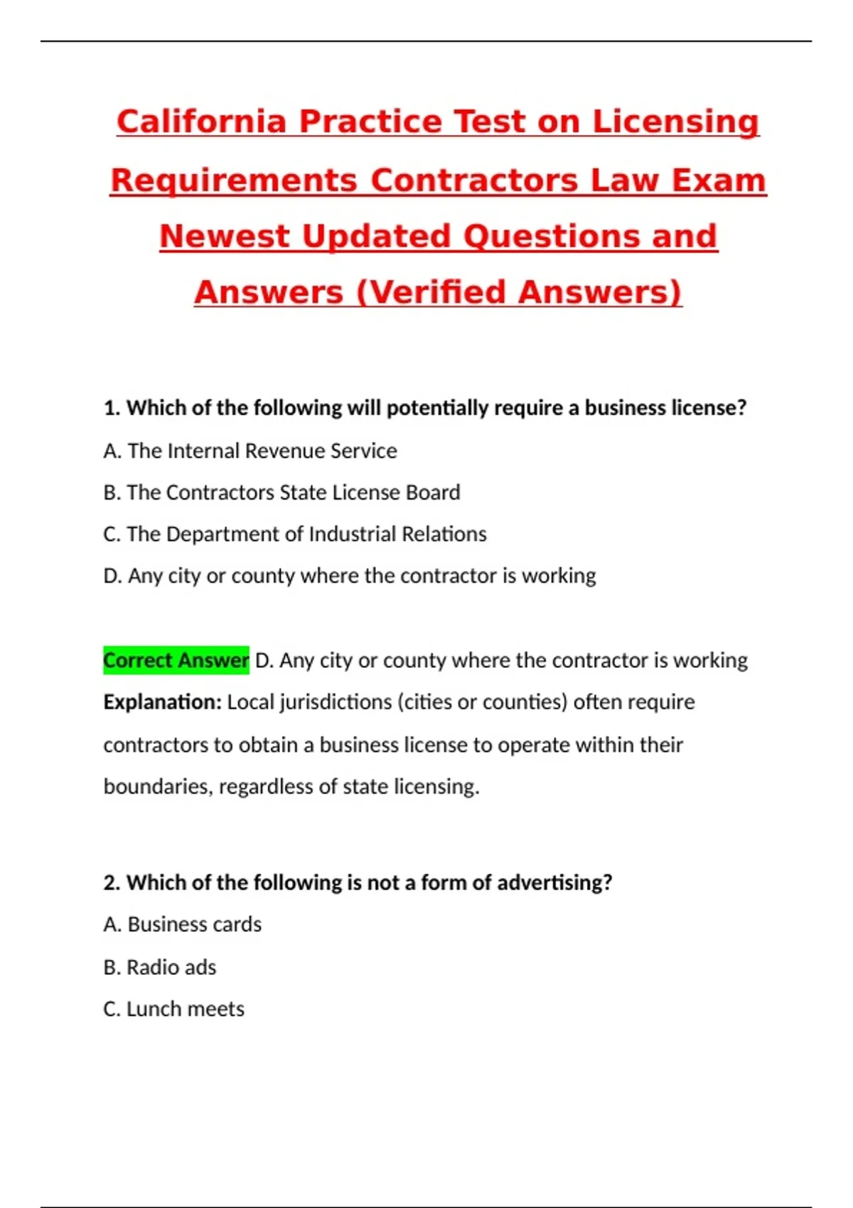 California Practice Test on Licensing Requirements Contractors Law Exam 2025 Newest Updated ...