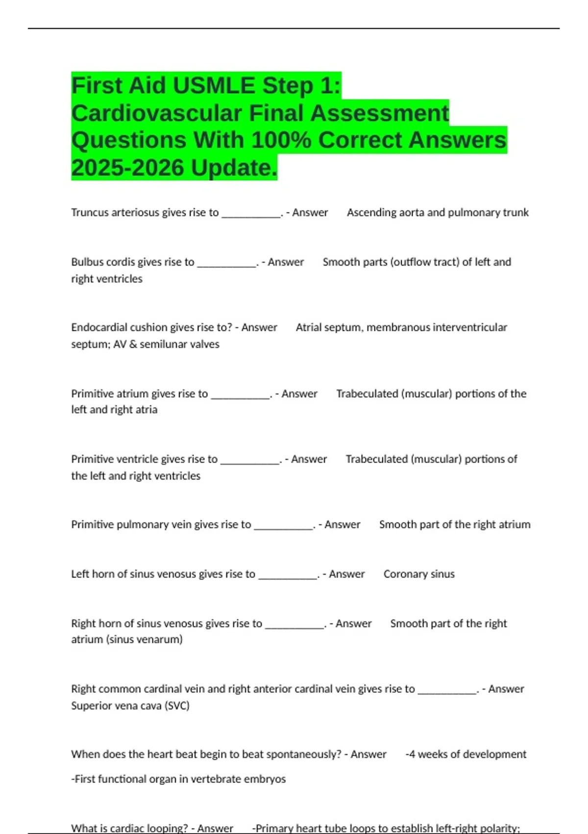 First Aid USMLE Step 1: Cardiovascular Final Assessment Questions With ...