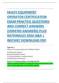 HEAVY EQUIPMENT  OPERATOR CERTIFICATION    EXAM PRACTICE QUESTIONS  AND CORRECT ANSWERS  &lpar;VERIFIED ANSWERS&rpar; PLUS  RATIONALES 2026 Q&A &vert;  INSTANT DOWNLOAD PDF
