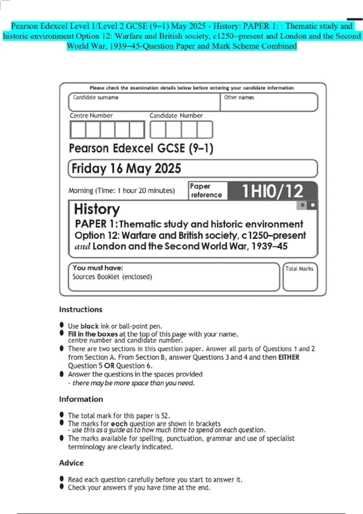 Pearson Edexcel Level 1/Level 2 GCSE (9–1) May 2025 - History: PAPER 1 ...