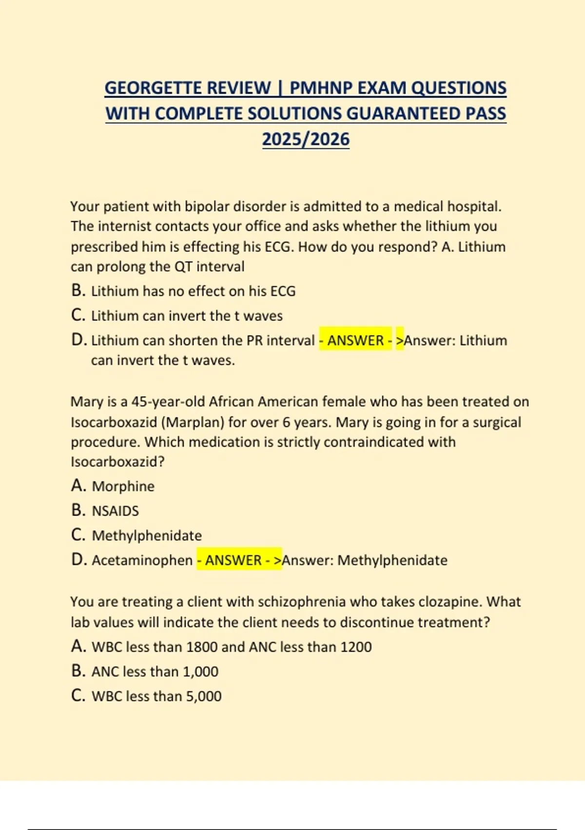 GEORGETTE REVIEW | PMHNP EXAM QUESTIONS WITH COMPLETE SOLUTIONS ...