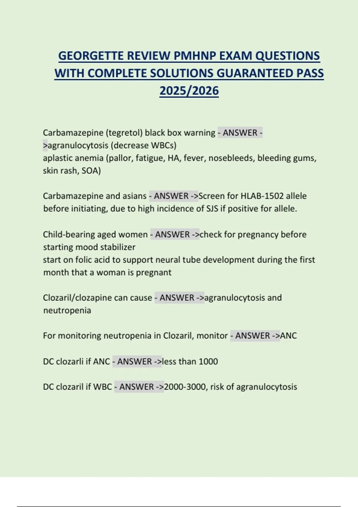 GEORGETTE REVIEW PMHNP EXAM QUESTIONS WITH COMPLETE SOLUTIONS ...