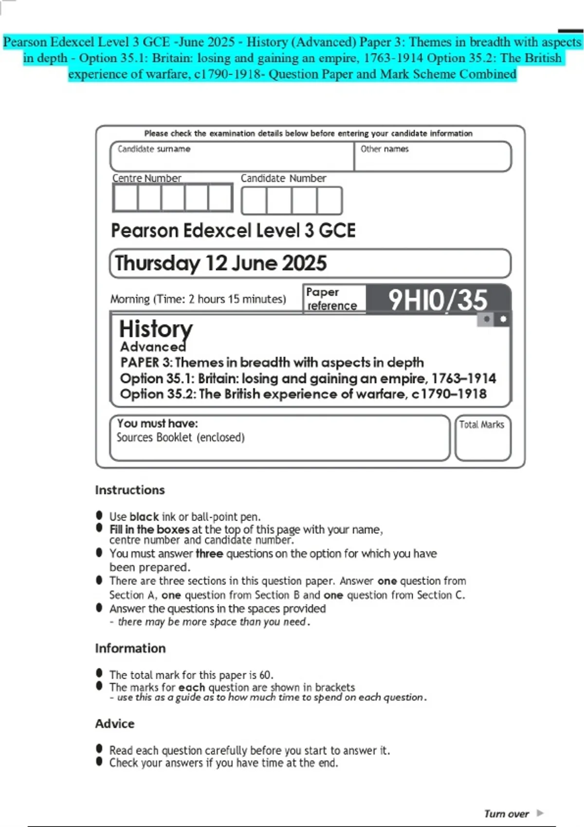 Pearson Edexcel Level 3 GCE -June 2025 - History (Advanced) Paper 3 ...
