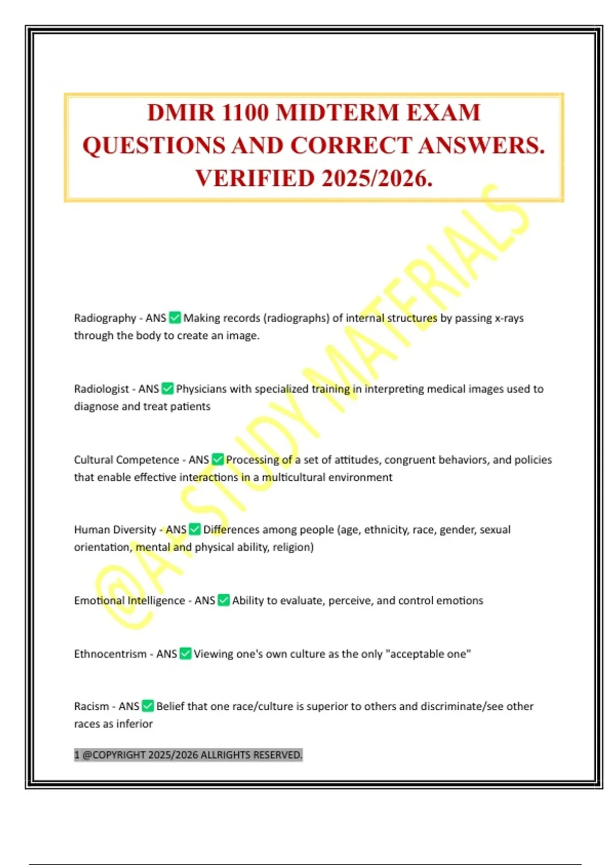 DMIR 1100 MIDTERM EXAM QUESTIONS AND CORRECT ANSWERS. VERIFIED 2025/ ...