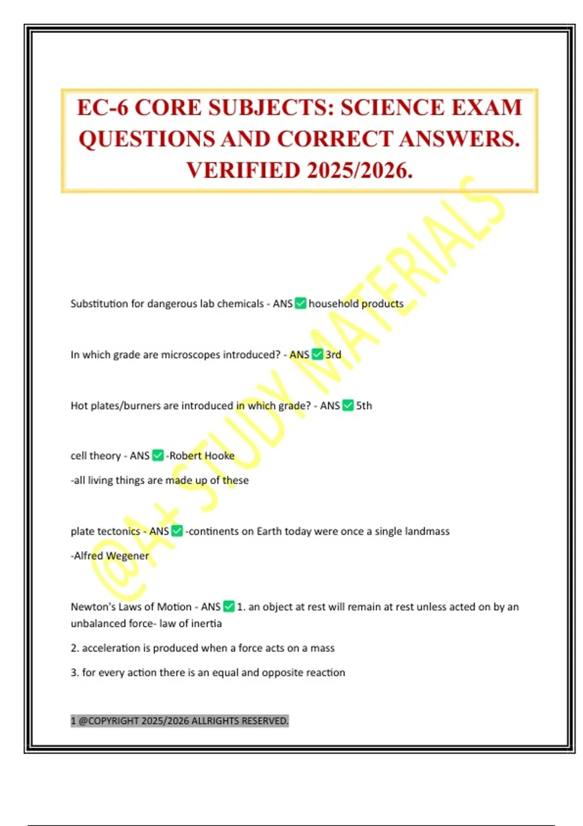 EC-6 CORE SUBJECTS: SCIENCE EXAM QUESTIONS AND CORRECT ANSWERS ...