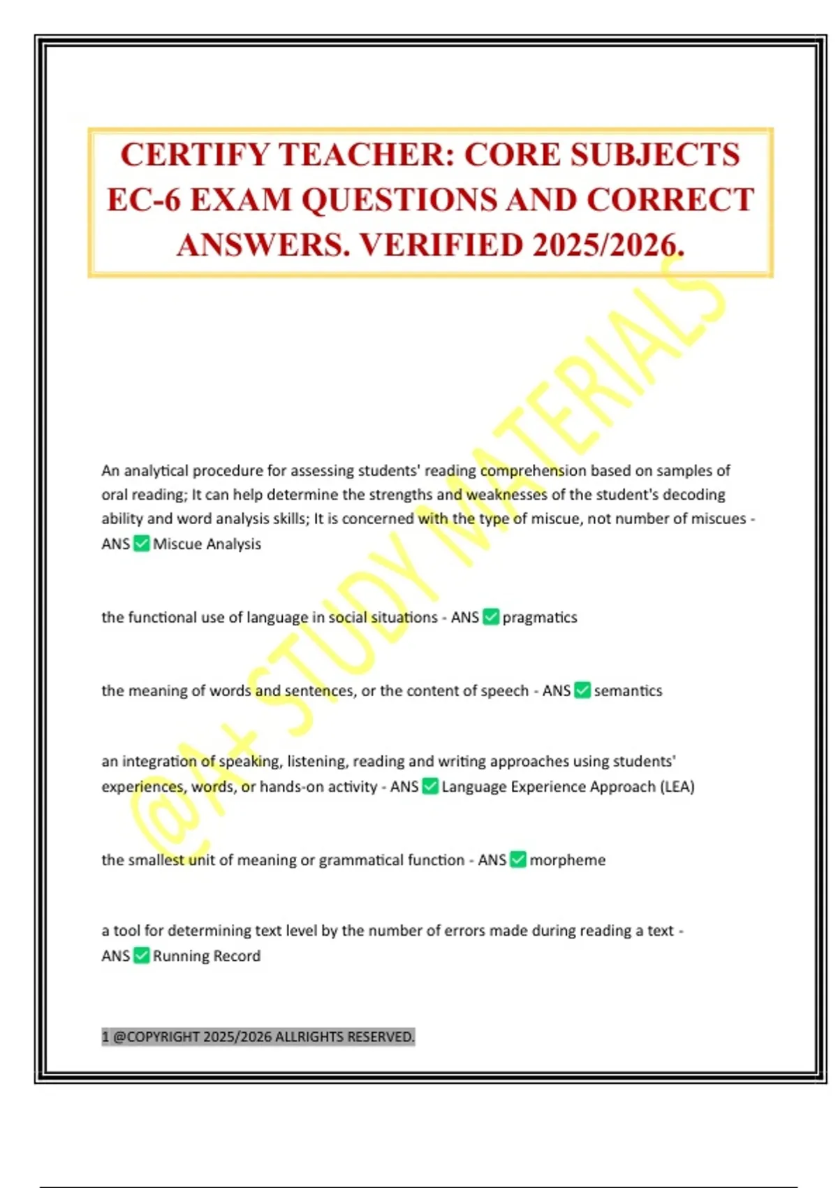 CERTIFY TEACHER: CORE SUBJECTS EC-6 EXAM QUESTIONS AND CORRECT ANSWERS ...