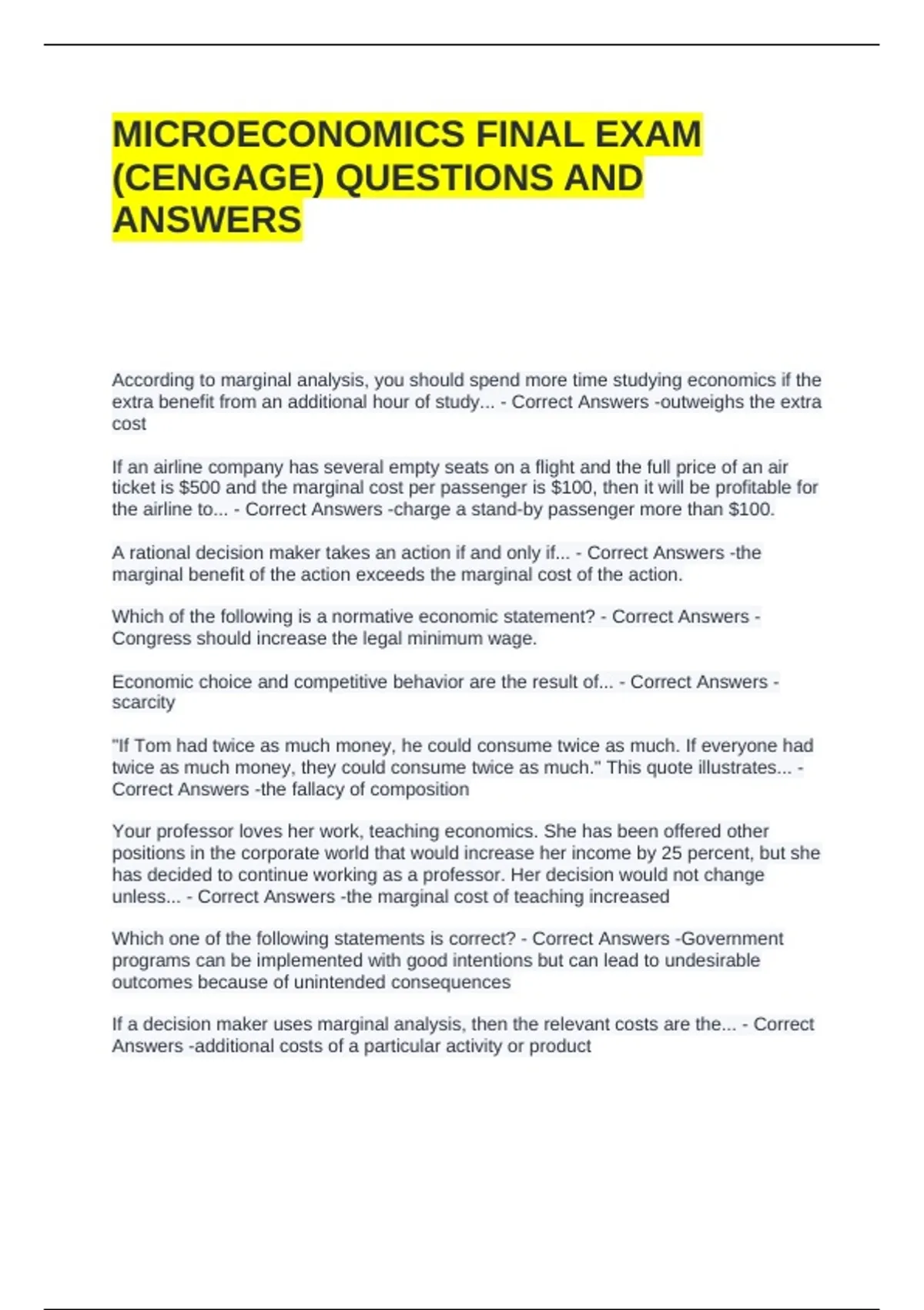 MICROECONOMICS FINAL EXAM (CENGAGE) QUESTIONS AND ANSWERS - Principles ...