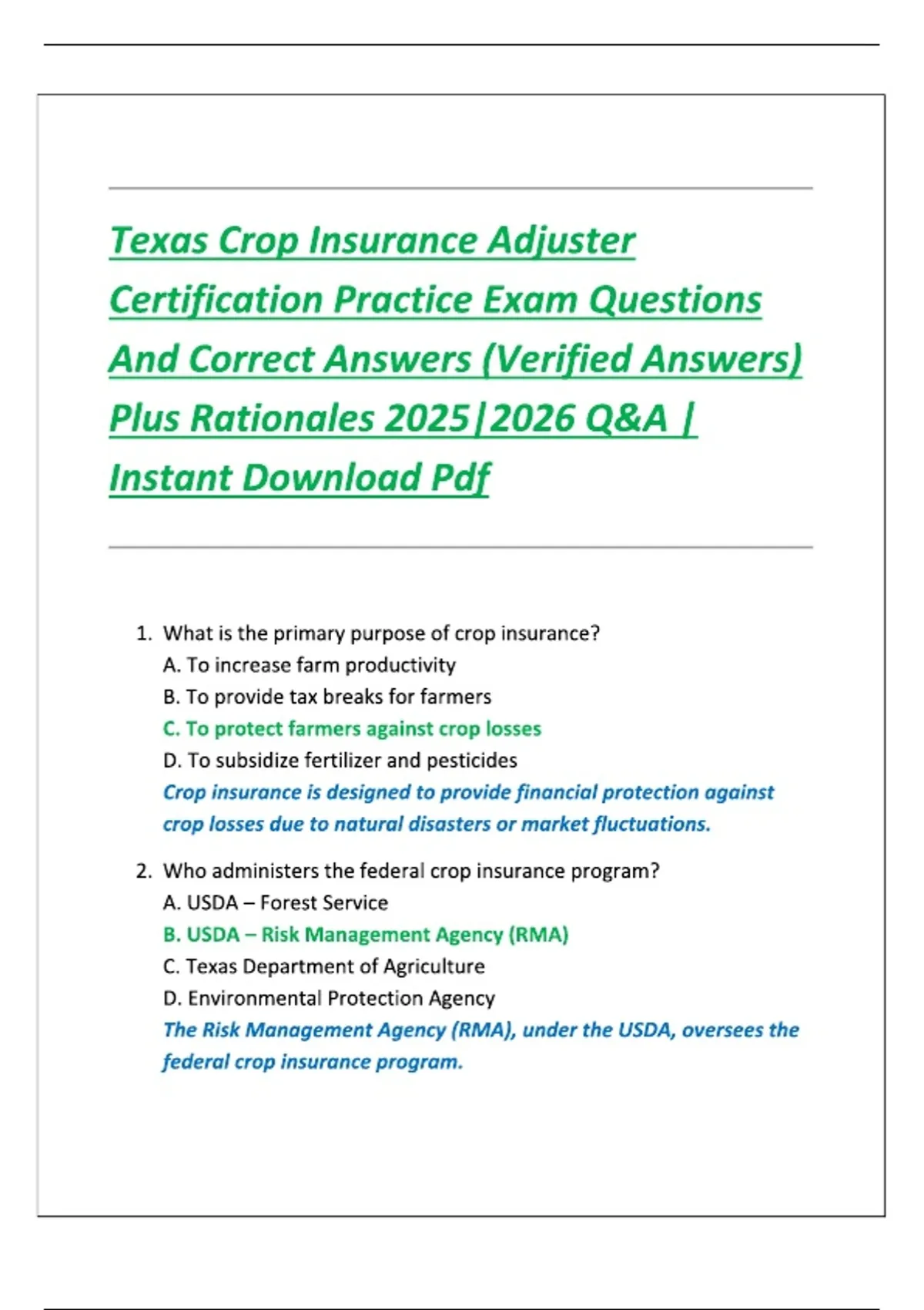 Texas Crop Insurance Adjuster Certification Practice Exam Questions And Correct Answers ...