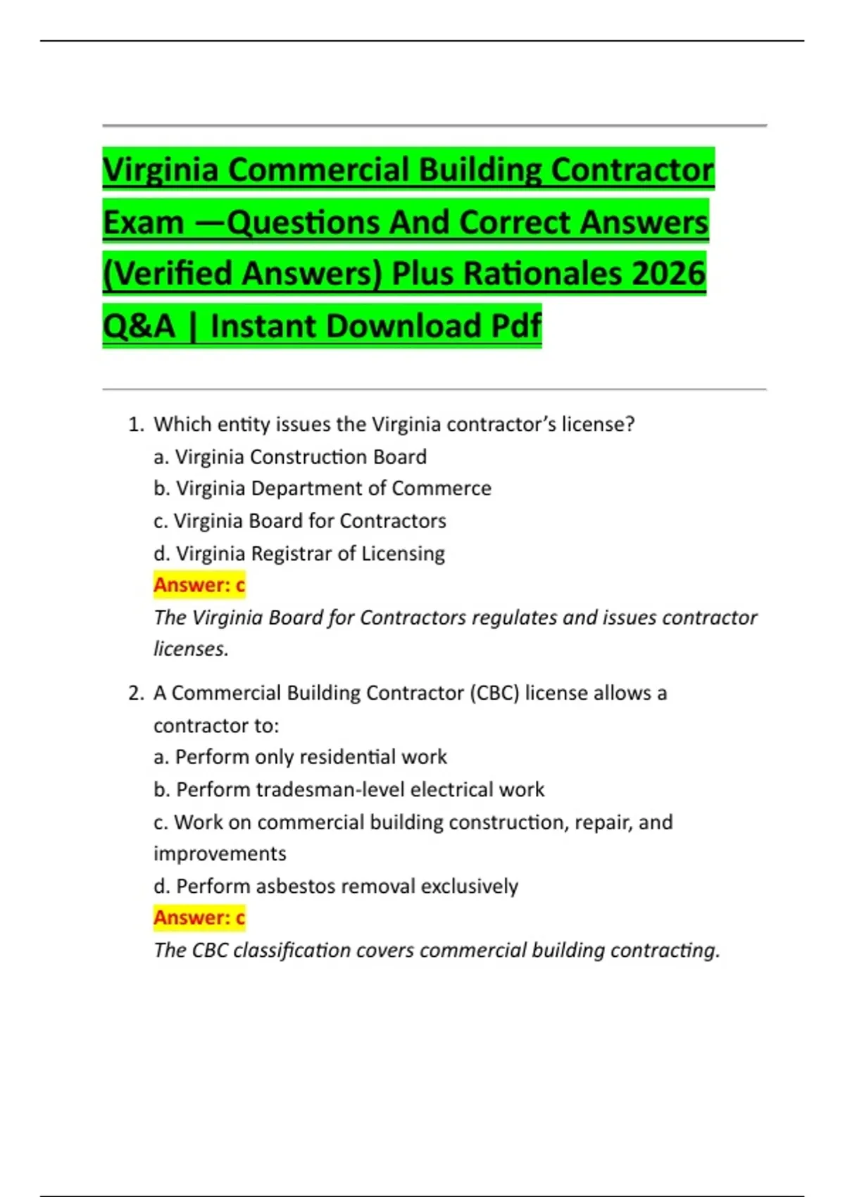 Commercial Building Questionnaire Virginia Commercial Building Contractor Exam —Questions And Correct ...
