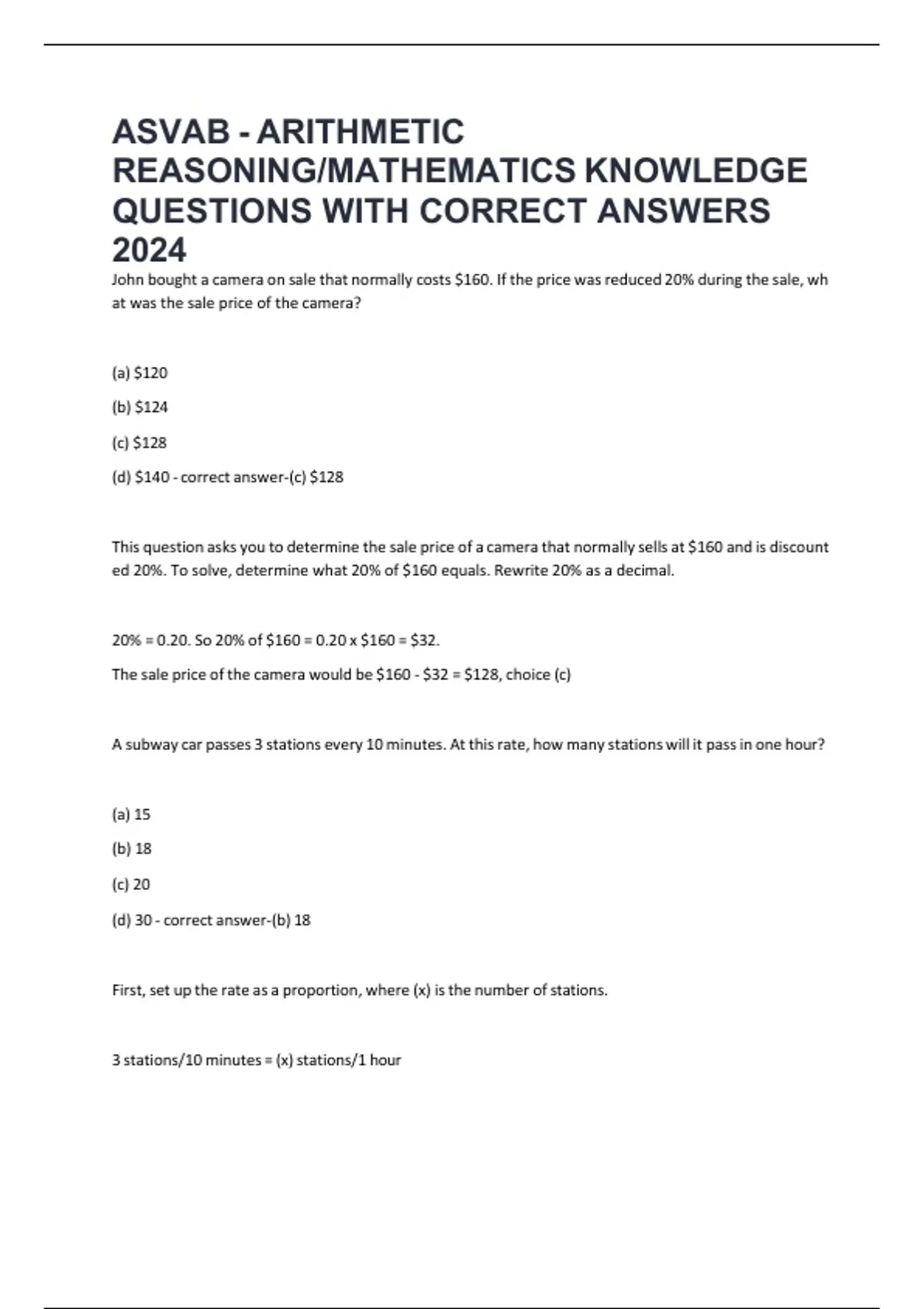 ASVAB - ARITHMETIC REASONING/MATHEMATICS KNOWLEDGE QUESTIONS WITH ...