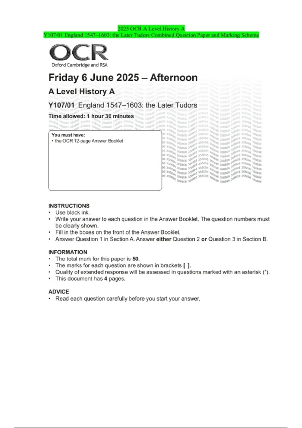 2025 OCR A Level History A Y107/01 England 1547–1603: the Later Tudors ...