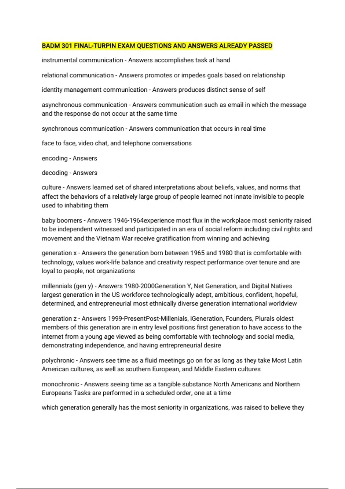 Badm 301 Final Turpin Exam Questions And Answers Already Passed Badm