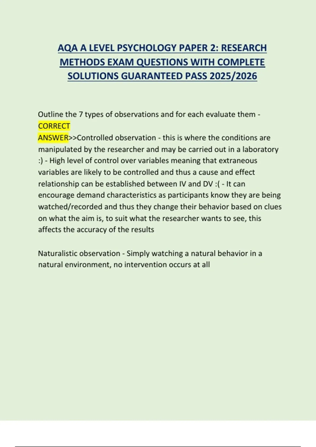 AQA A LEVEL PSYCHOLOGY PAPER 2: RESEARCH METHODS EXAM QUESTIONS WITH ...