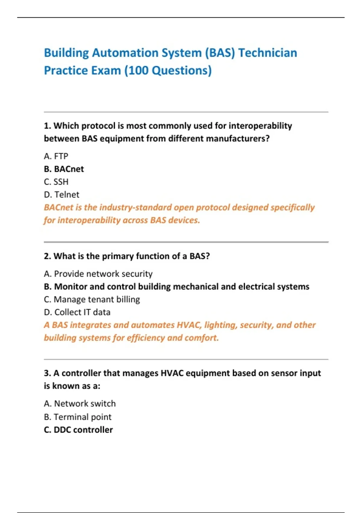 Building Automation System (BAS) Technician Practice Exam (100 ...