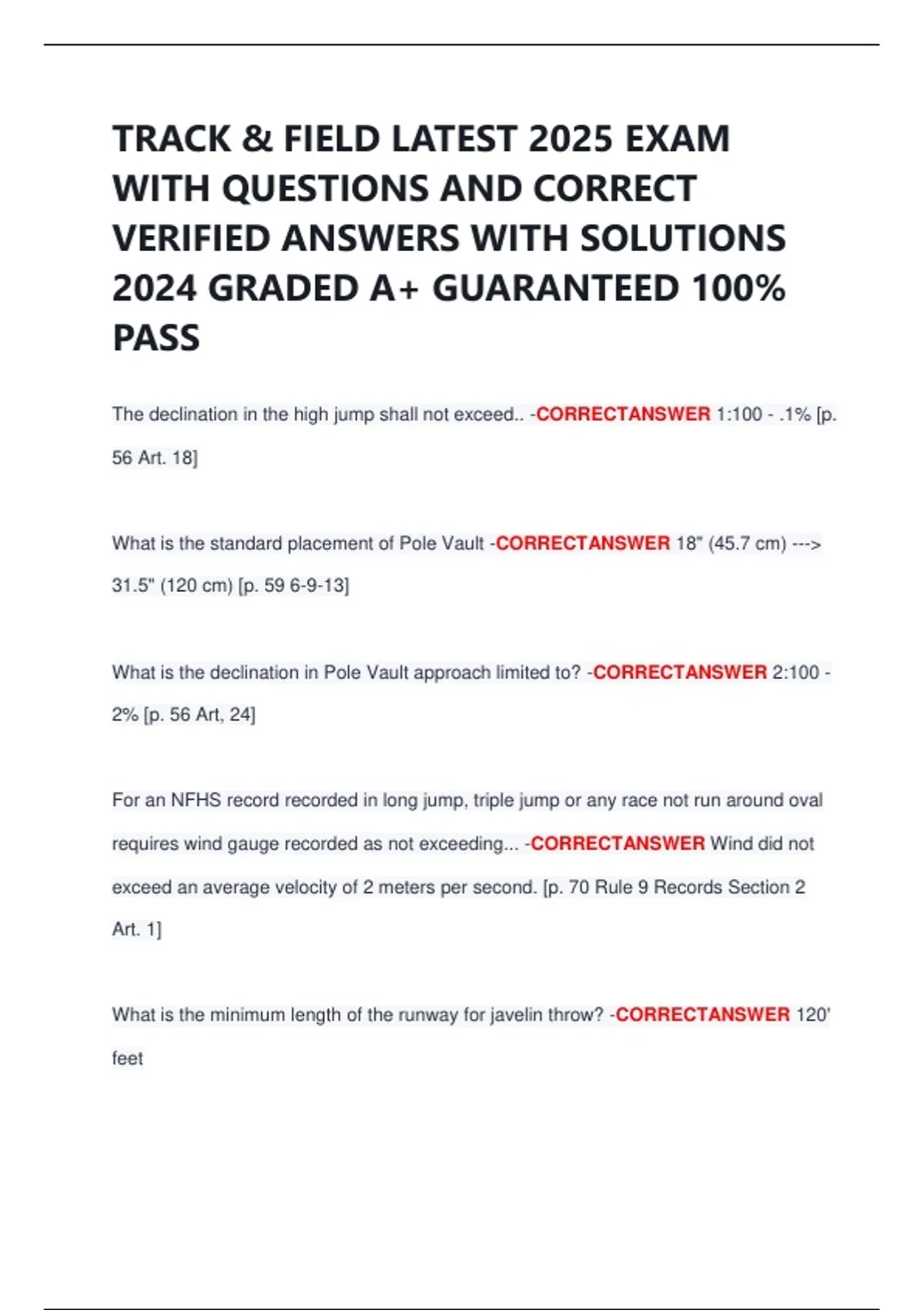 TRACK & FIELD LATEST 2025 EXAM WITH QUESTIONS AND CORRECT VERIFIED ...