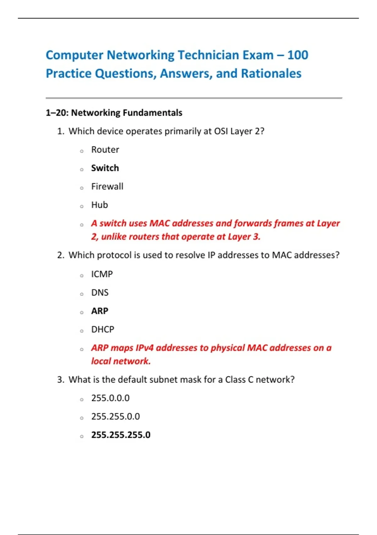 Computer Networking Technician Exam – 100 Practice Questions, Answers ...