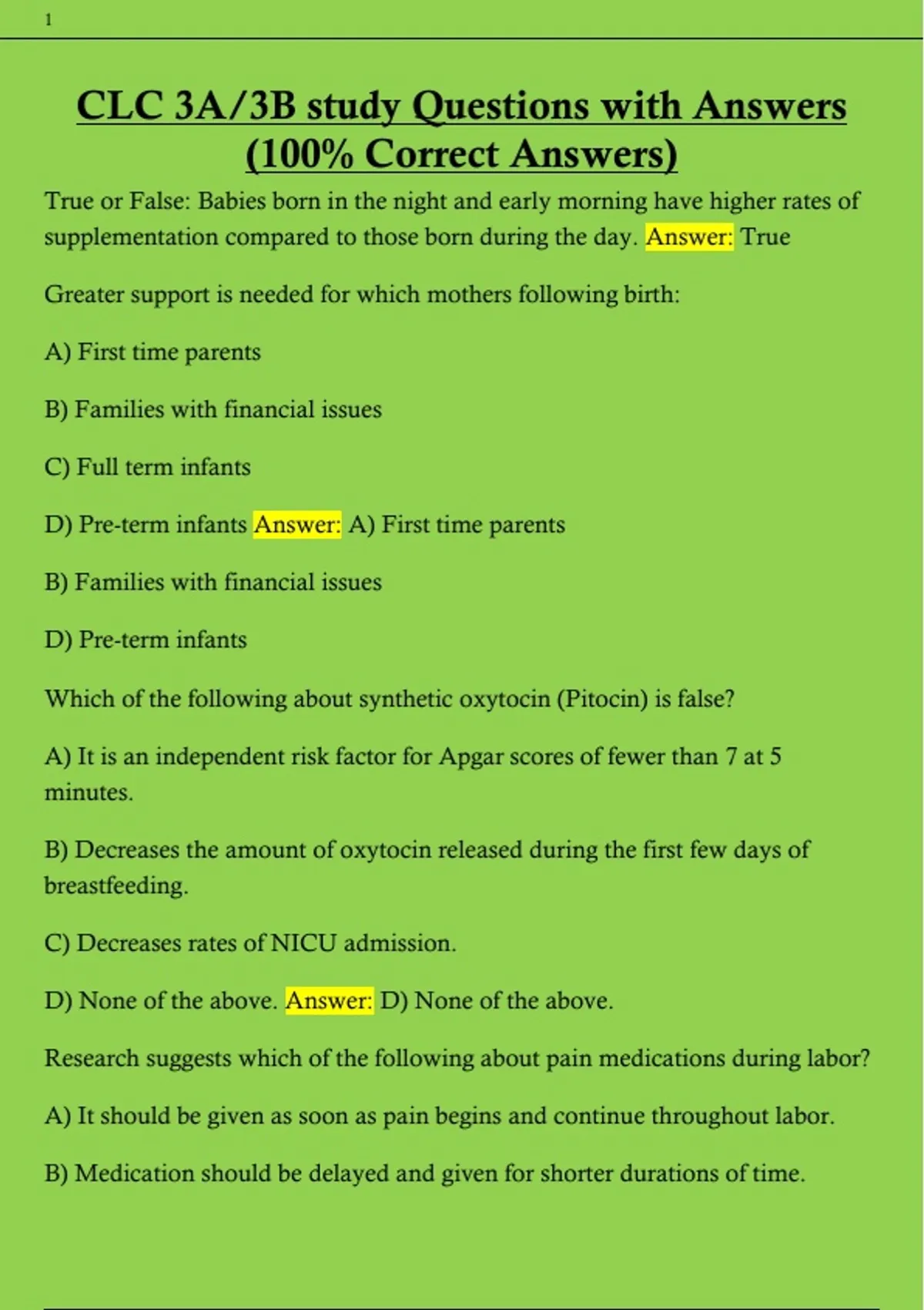 CLC 3A/3B study Questions with Answers (100% Correct Answers) - CLC ...