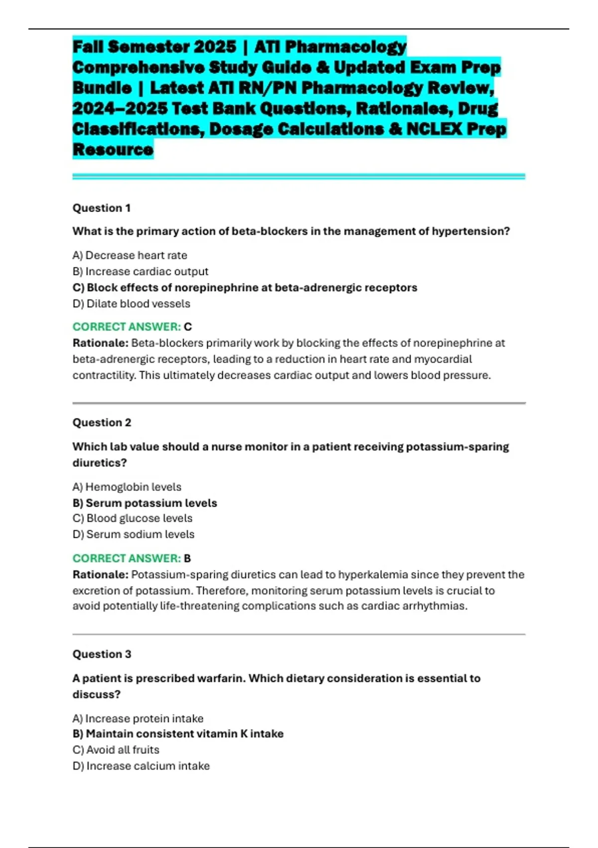 Fall Semester 2025 | ATI Pharmacology Comprehensive Study Guide ...