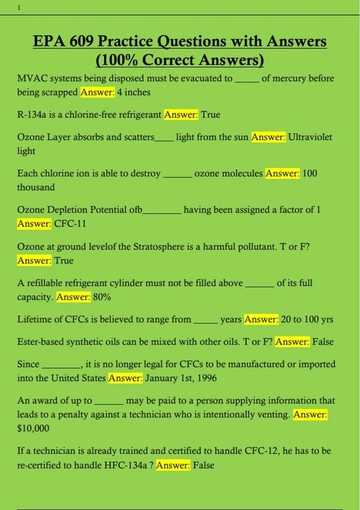 EPA 609 Practice Questions with Answers (100% Correct Answers) - EPA ...