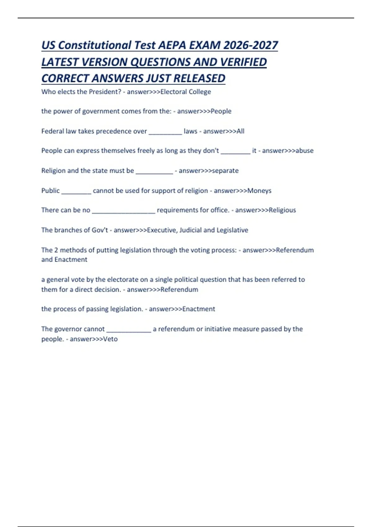 US Constitutional Test AEPA EXAM LATEST VERSION QUESTIONS AND VERIFIED ...