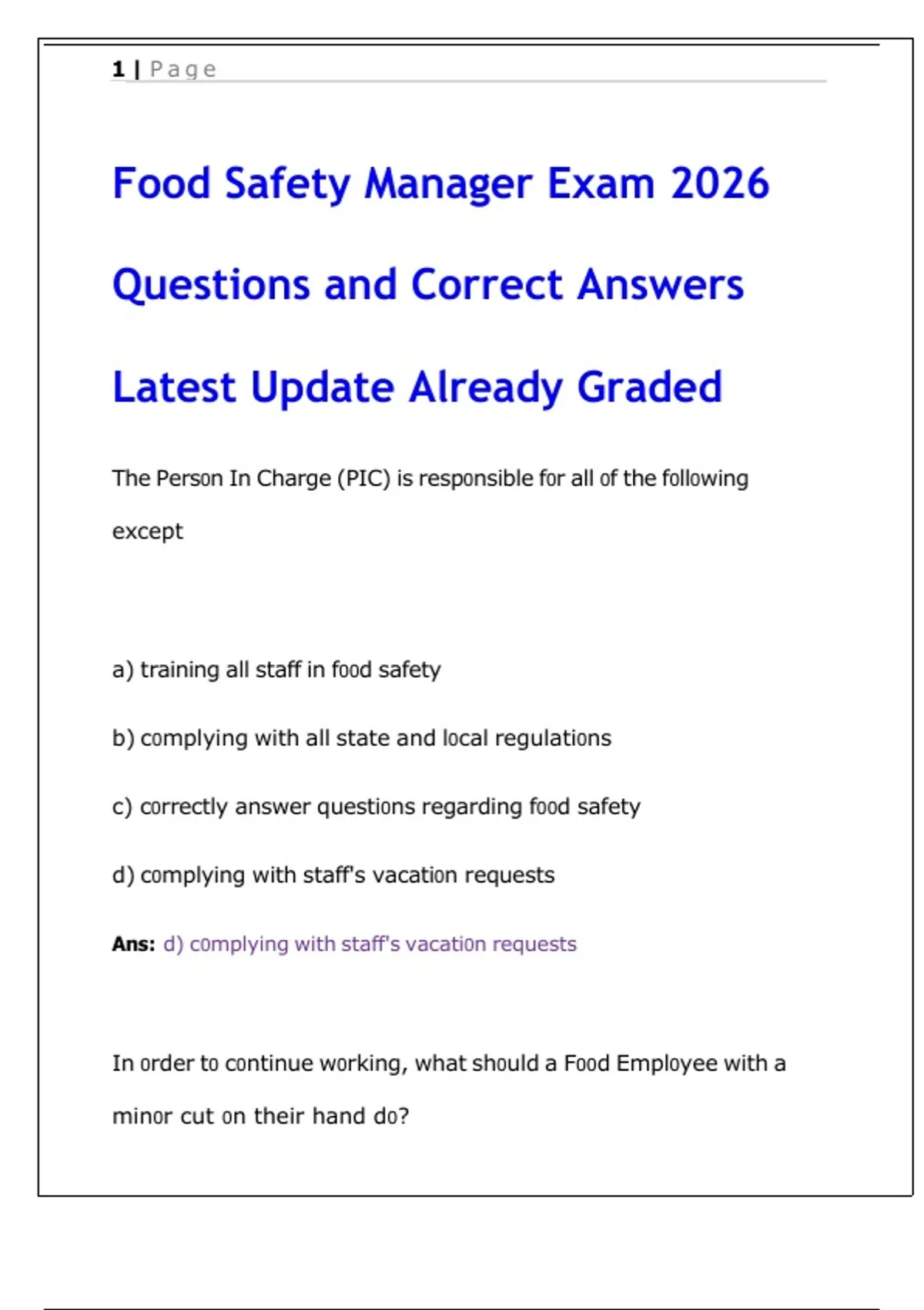 Food Safety Manager Exam 2026 – Verified Questions & Answers - Food ...