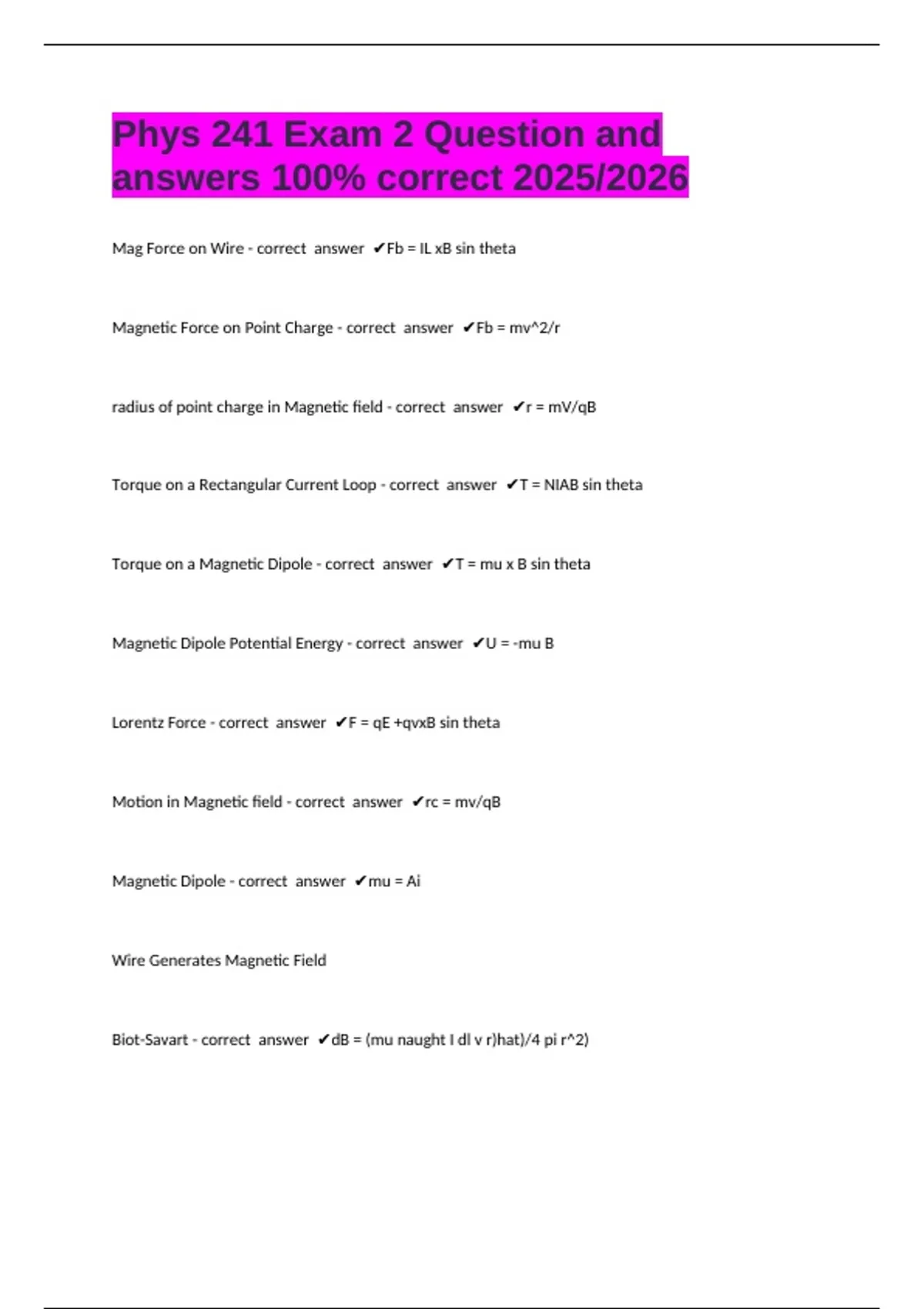 Phys 241 Exam 2 Question and answers 100% correct 2025/2026 - Phys 241 ...