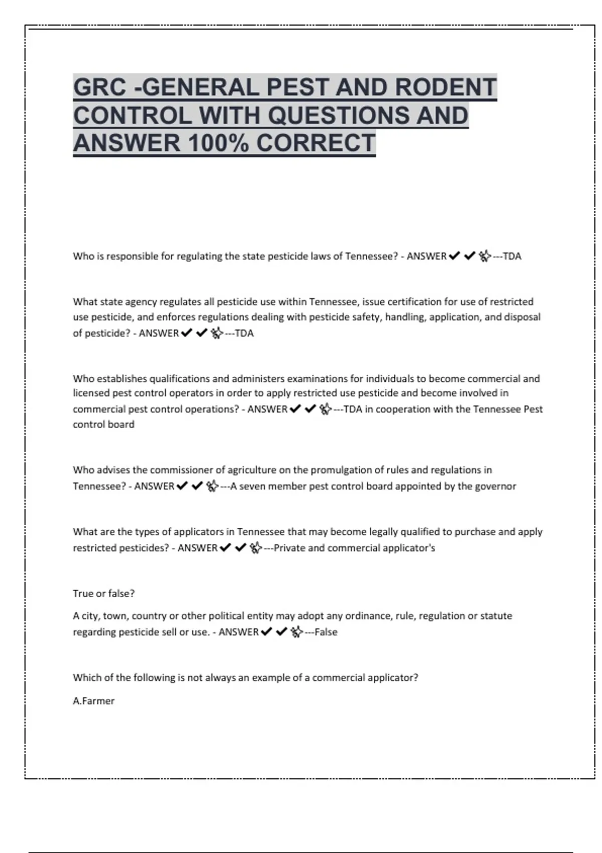 GRC General Pest & Rodent Control Study Guide | 100% Correct Questions ...