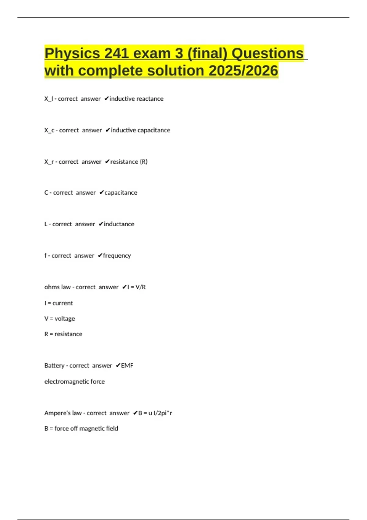 Physics 241 exam 3 (final) Questions with complete solution 2025/2026 ...