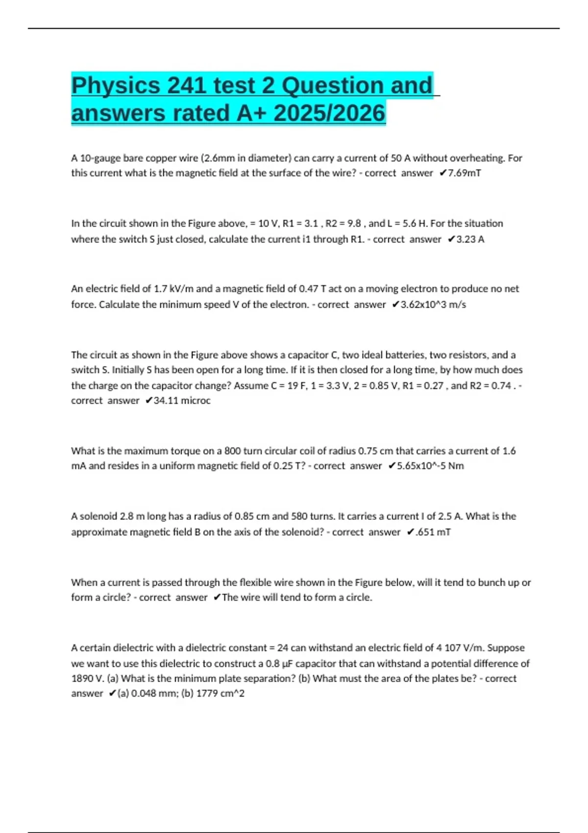 Physics 241 test 2 Question and answers rated A+ 2025/2026 - Physics ...