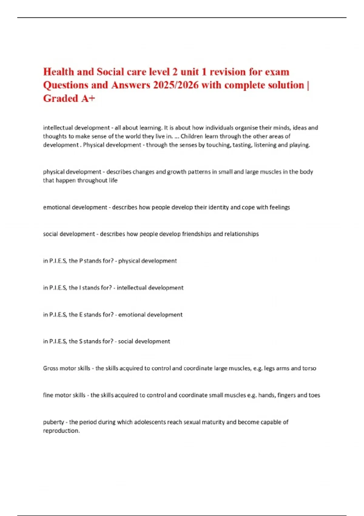 Health and Social care level 2 unit 1 revision for exam Questions and ...