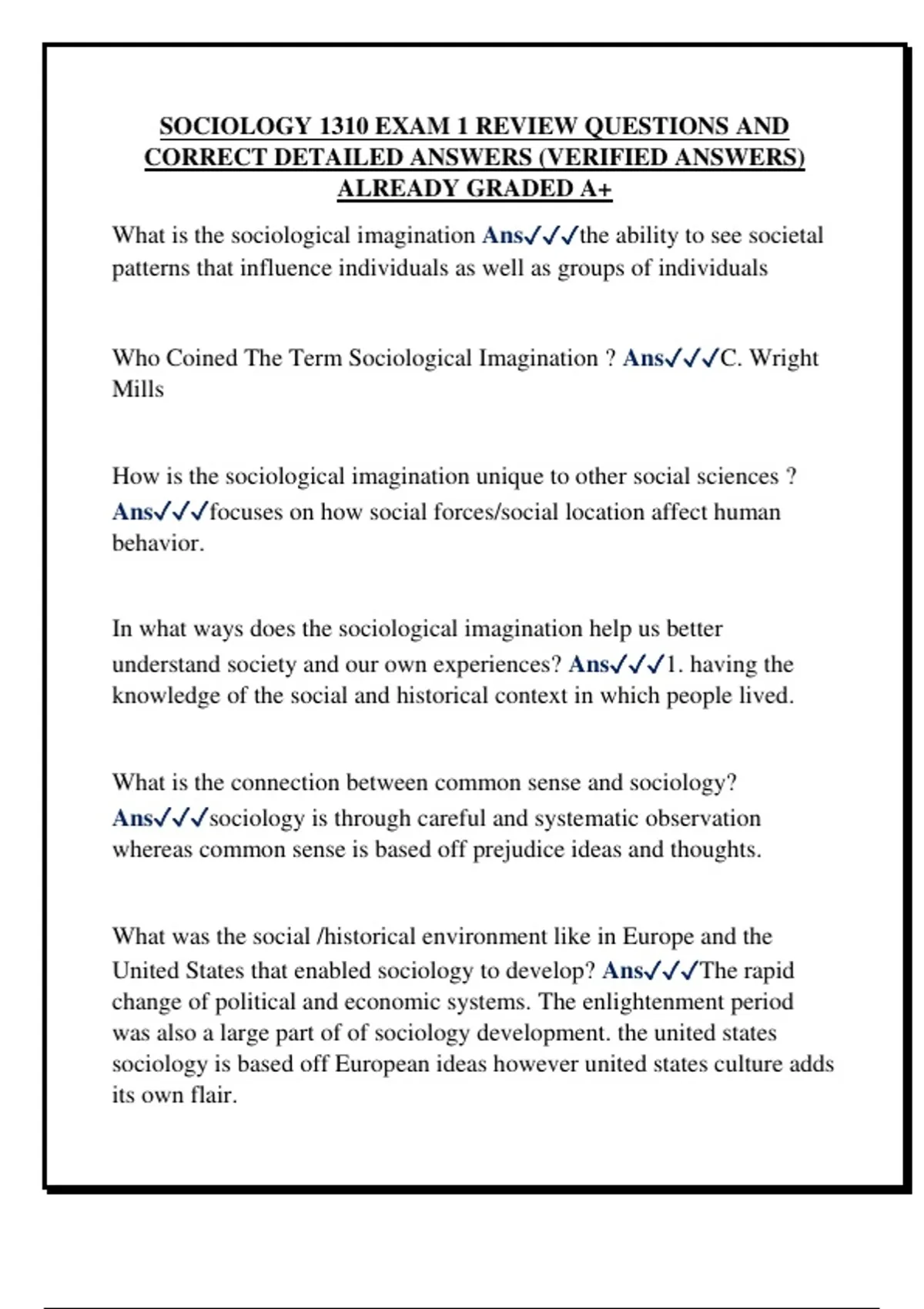 SOCIOLOGY 1310 EXAM 1 REVIEW QUESTIONS AND CORRECT DETAILED ANSWERS ...