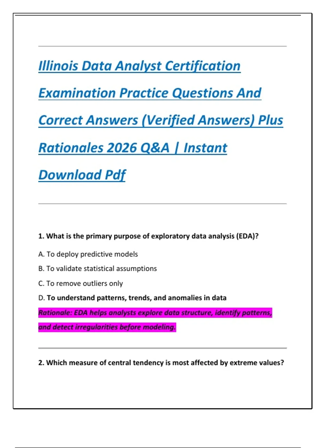 Illinois Data Analyst Certification Examination Practice Questions And ...