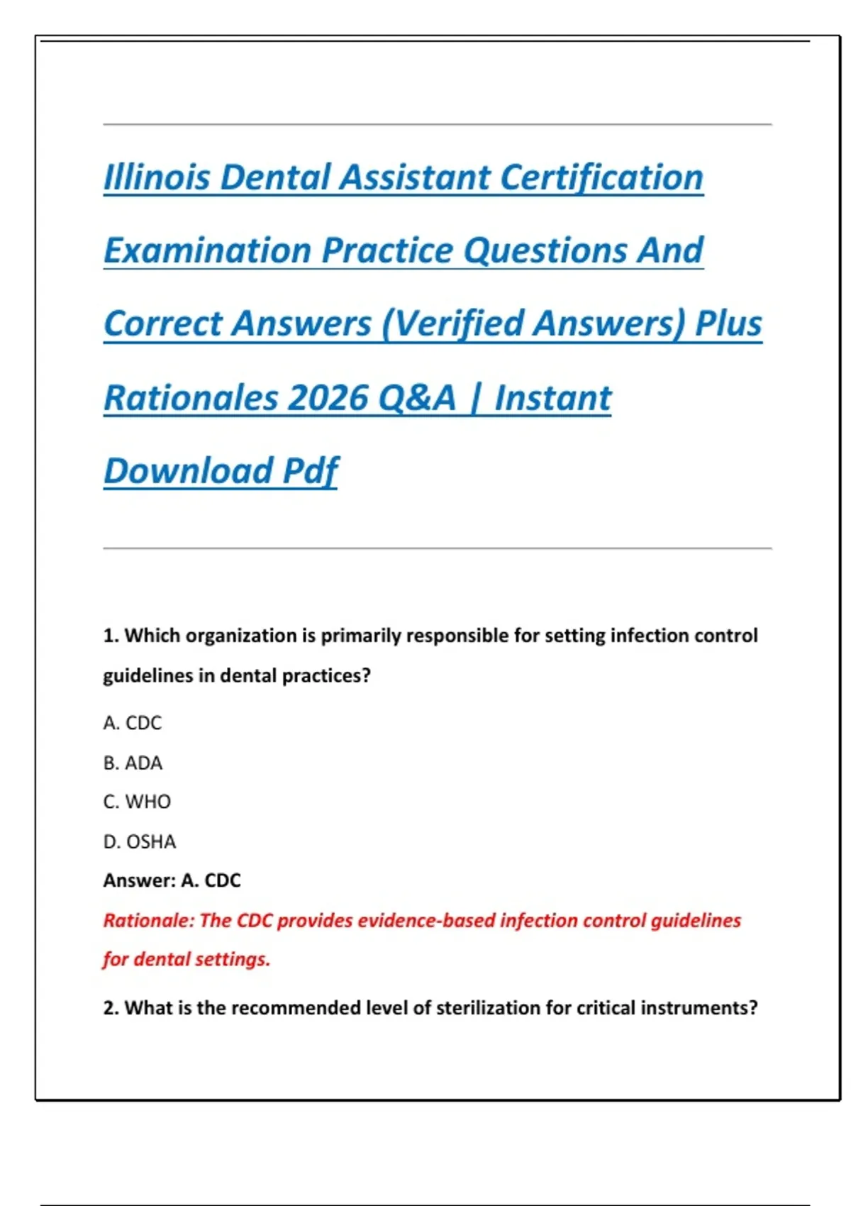 Illinois Dental Assistant Certification Examination Practice Questions ...